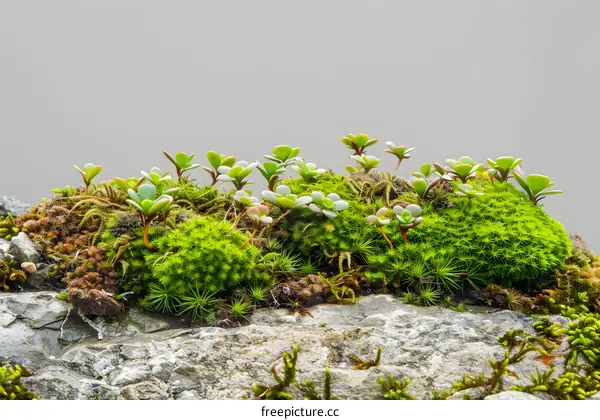 Green Moss and Succulents on Rock