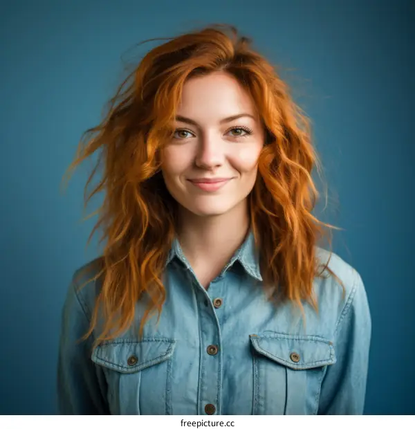 Portrait of a young woman with long red hair and green eyes
