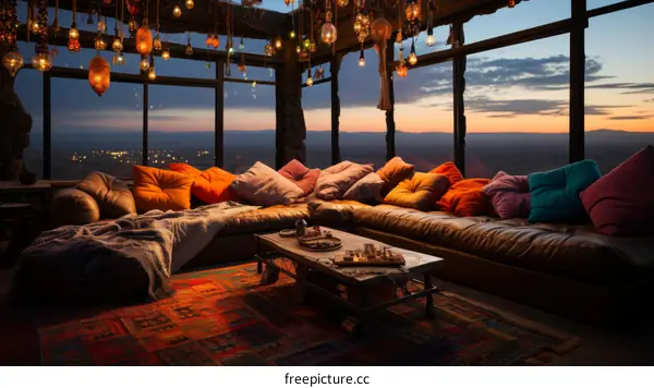 A cozy living room with a view of the city at sunset