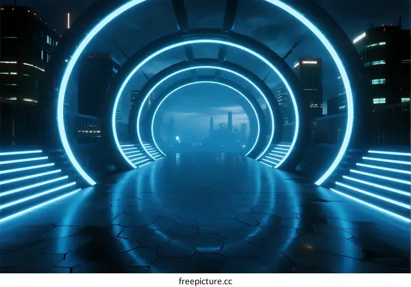 Futuristic neon-lit tunnel with glowing circular portals and blue lighting