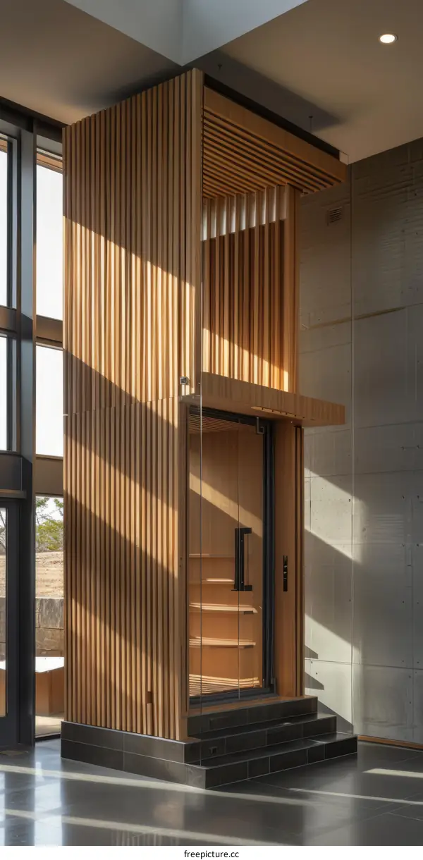 Modern Wooden Elevator with Glass Door and Wood Grain Wall