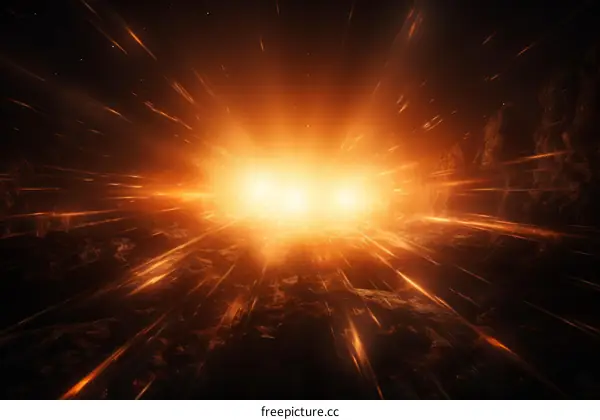 An illustration of a bright light in the center of a dark background with rays of light extending outward