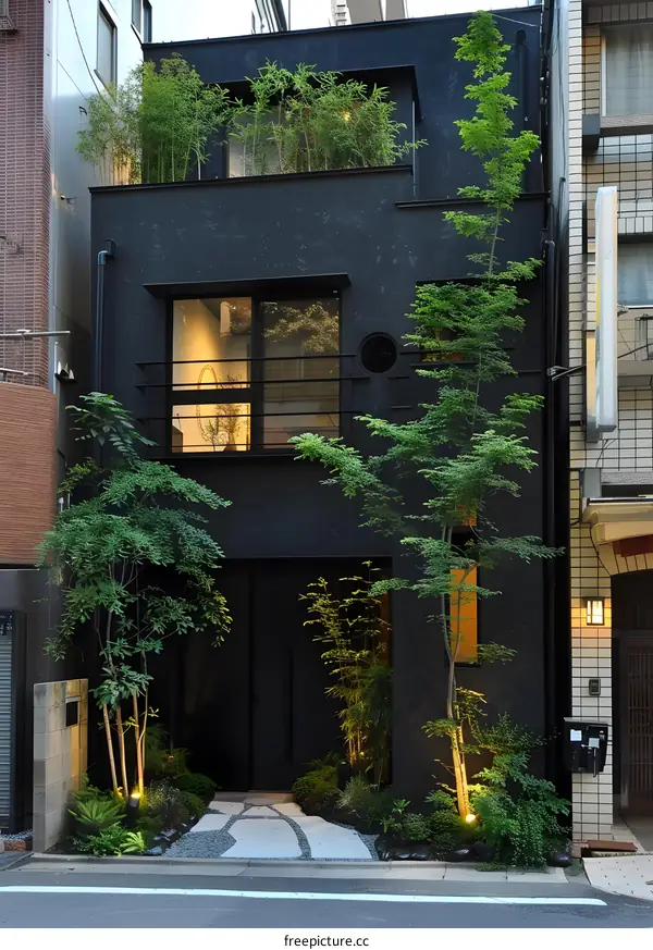 Black Modern House with Green Plants in Japan