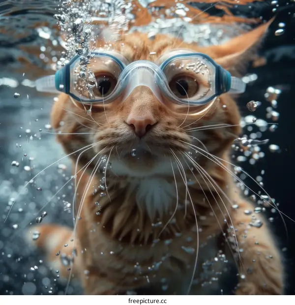 Orange Cat Swimming Underwater with Goggles