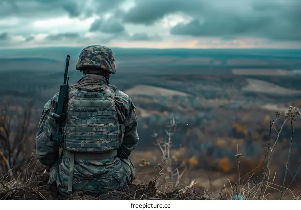 Soldier looking out at a vast landscape