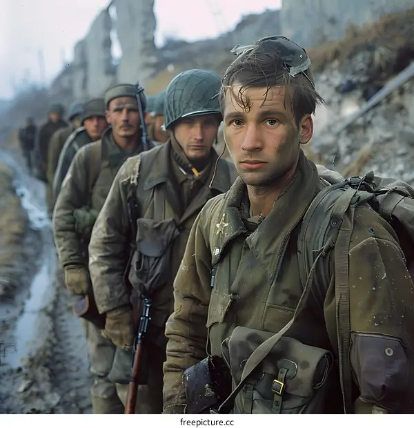 A group of soldiers walking through a destroyed city during World War II.