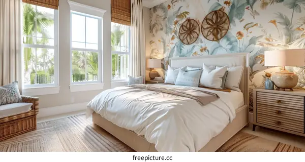 Coastal Bedroom Interior Design with Tropical Wallpaper