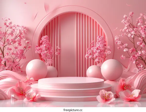 pink podium with pink flowers