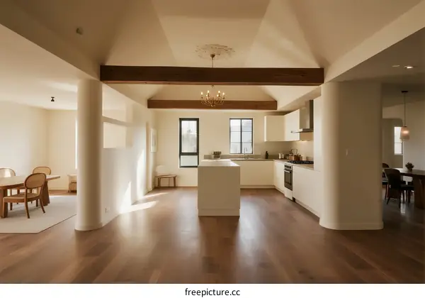 Spacious modern living room with wooden floors and open layout