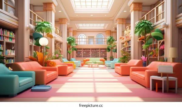 Modern Library Interior with Pink and Blue Couches