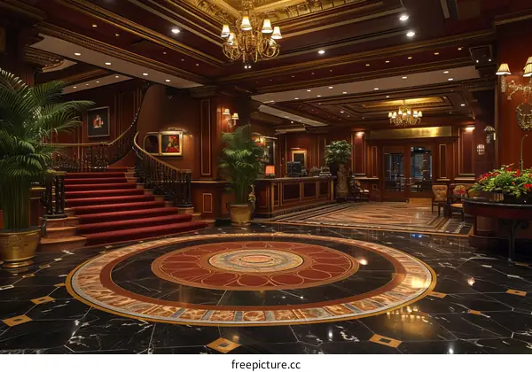 Opulent hotel lobby with marble flooring and grand staircase