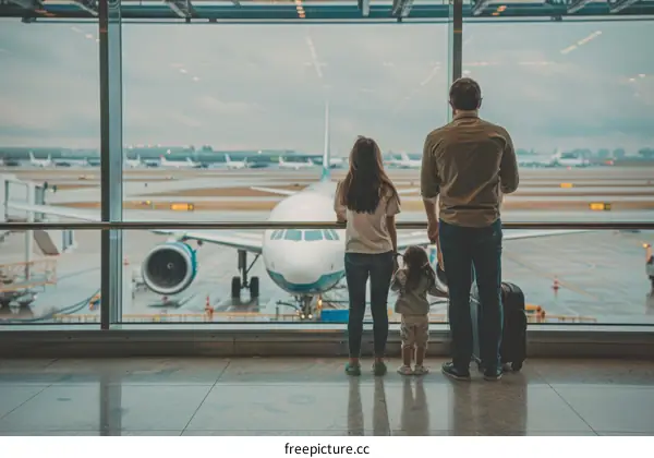 Family of three at the airport looking at airplanes