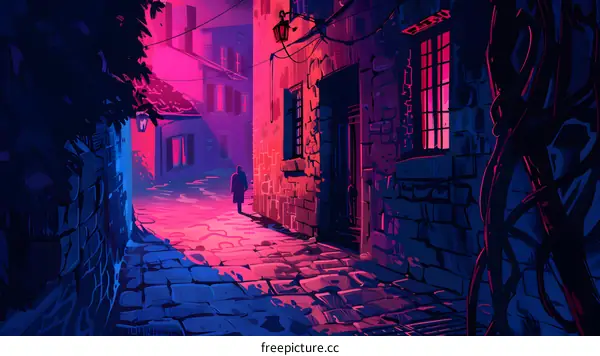 Nighttime Street Scene with a Single Person Walking