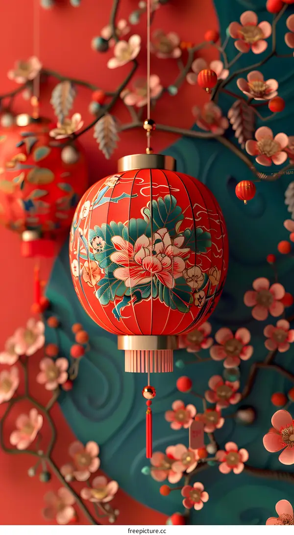 A red lantern with Chinese New Year decorations