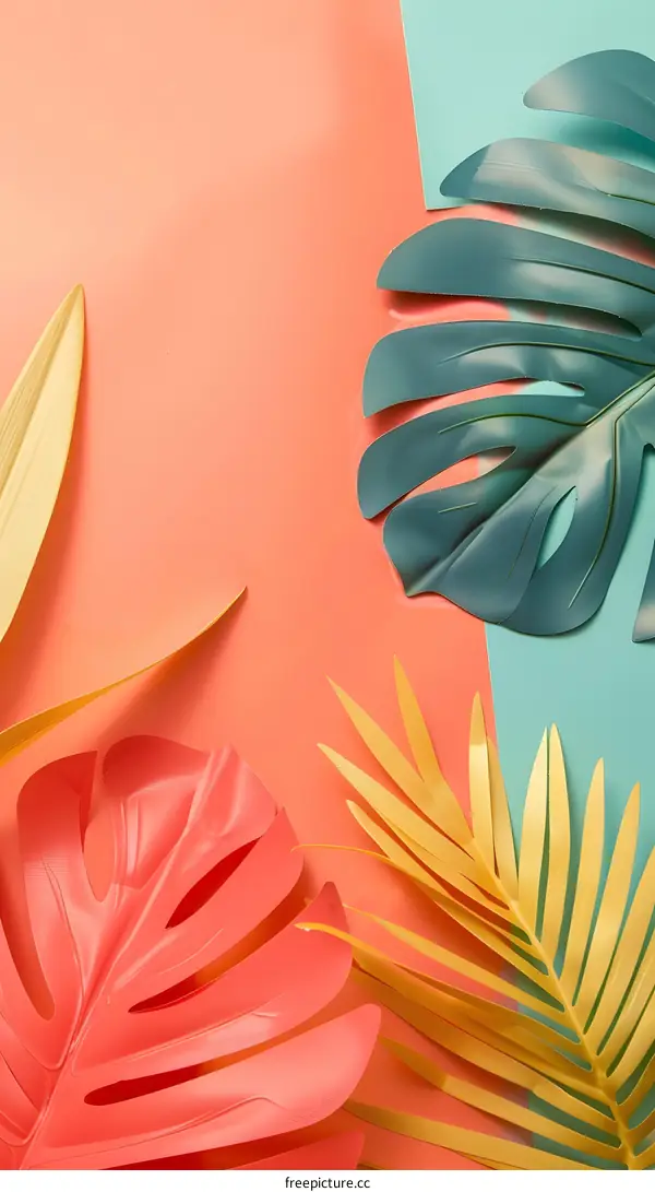 Tropical Leaves on Coral and Teal Background