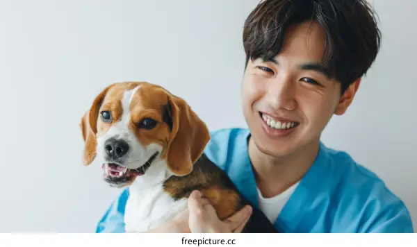 Asian veterinarian smiling while holding a beagle