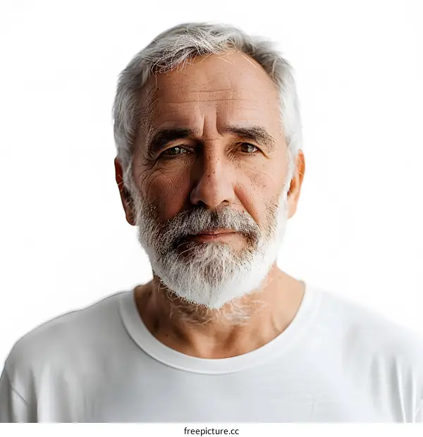 portrait of an old man with white beard and green eyes