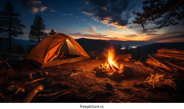 Camping under the stars with a roaring bonfire