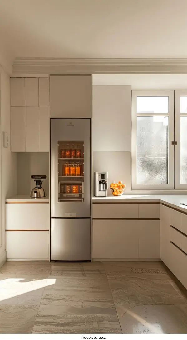 Modern Kitchen Design with White Cabinets and Large Fridge