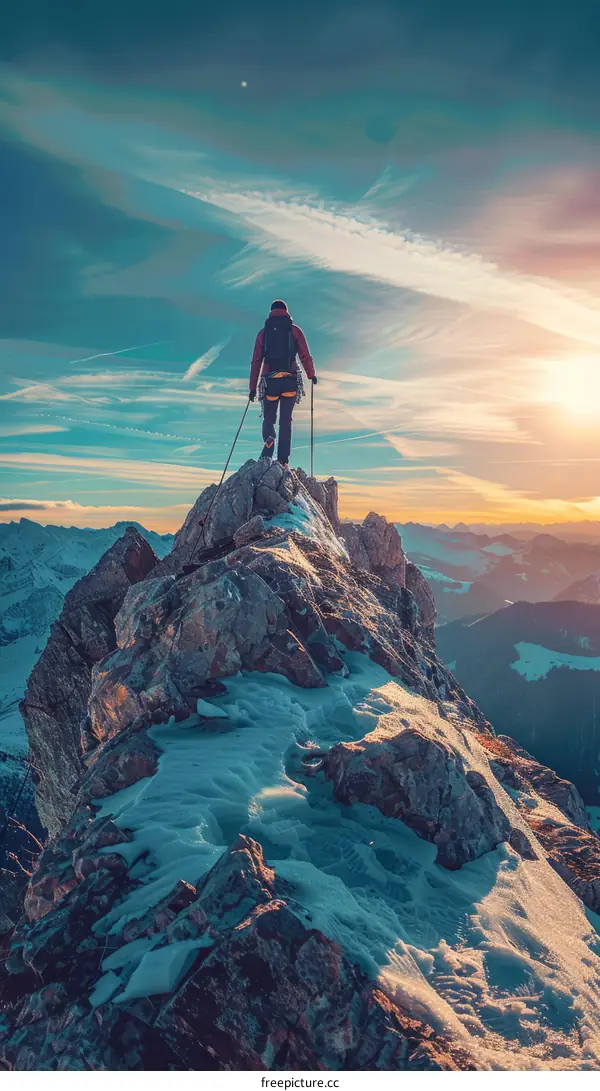 A lone hiker stands on a summit and gazes at the view