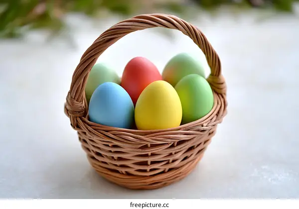 Colorful Easter Eggs in a Wicker Basket