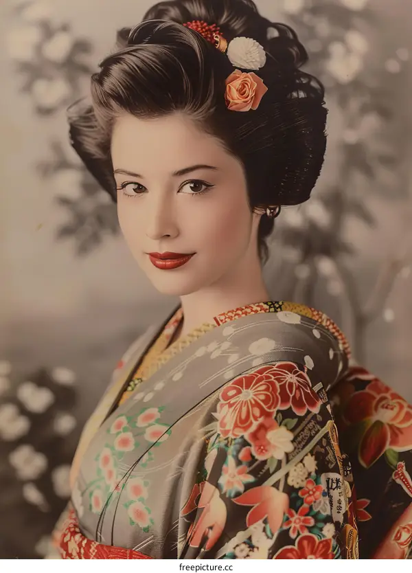 Vintage portrait of a beautiful Japanese woman wearing a kimono