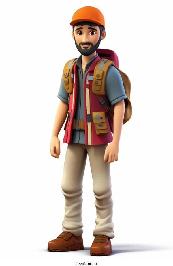 A male hiker with a beard wearing a red hat, blue shirt, and khaki pants is standing with a backpack on his back.