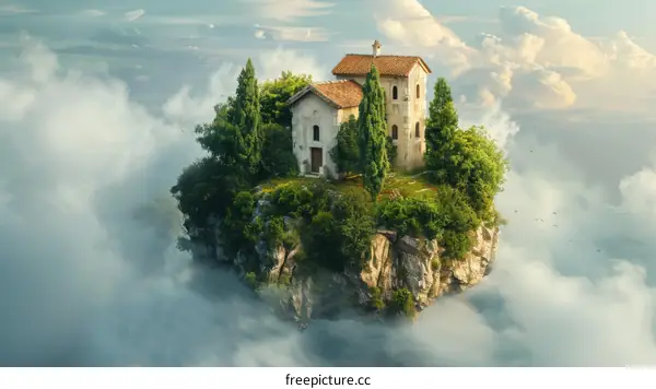 A house floats above the clouds