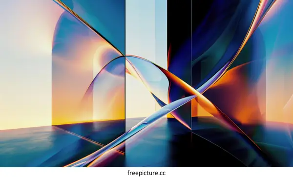 Abstract 3D rendering of a glass structure with a colorful gradient reflecting on the surface