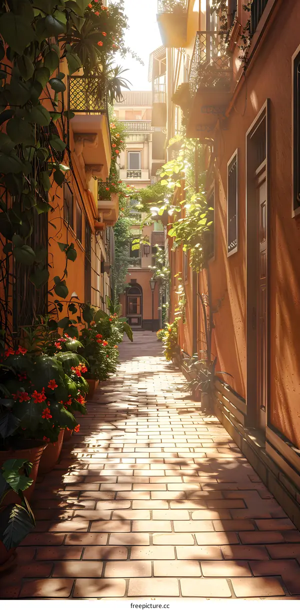 An illustration of a narrow alleyway with potted plants and flowers