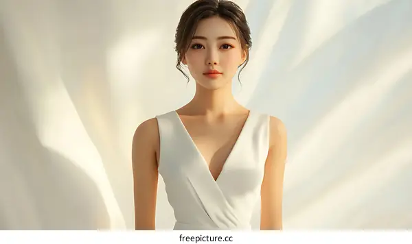 Beautiful Asian Woman in Elegant White Dress