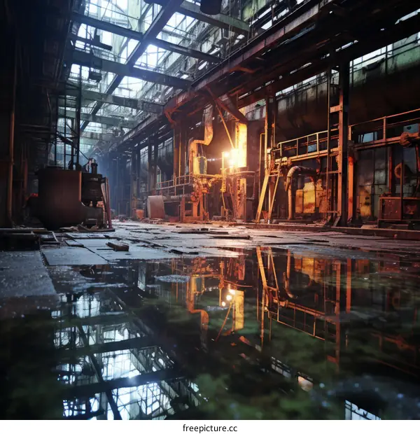 Rusty Industrial Building with Puddles on Floor