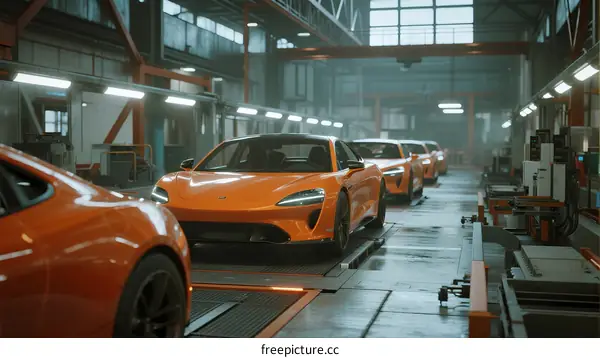 Automobile production line with orange sports cars in factory