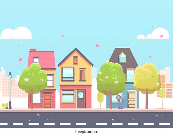Colorful Houses on a Street with Trees and Blue Sky