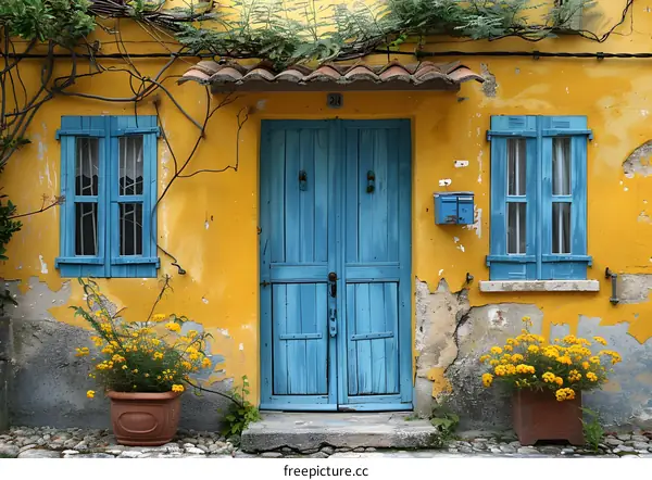 Blue door and windows on yellow building