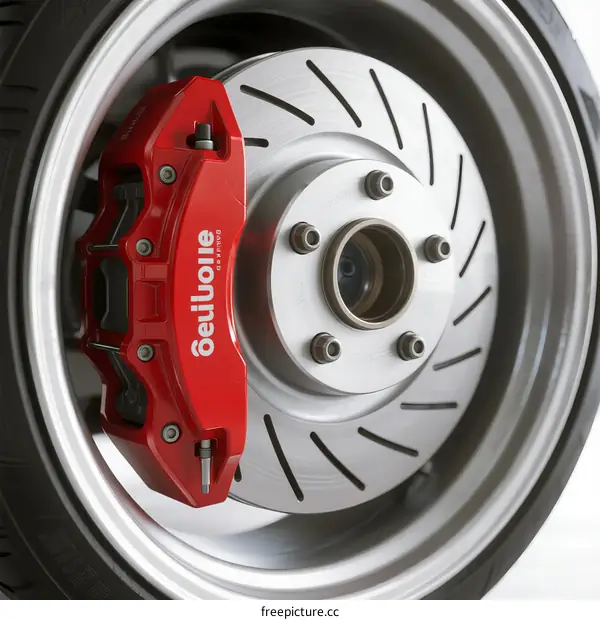 Close-up of red brake caliper on car wheel disc