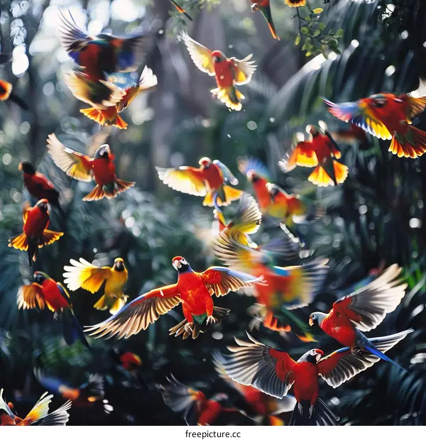 Vibrant Parrots Soaring Through the Amazon Rainforest