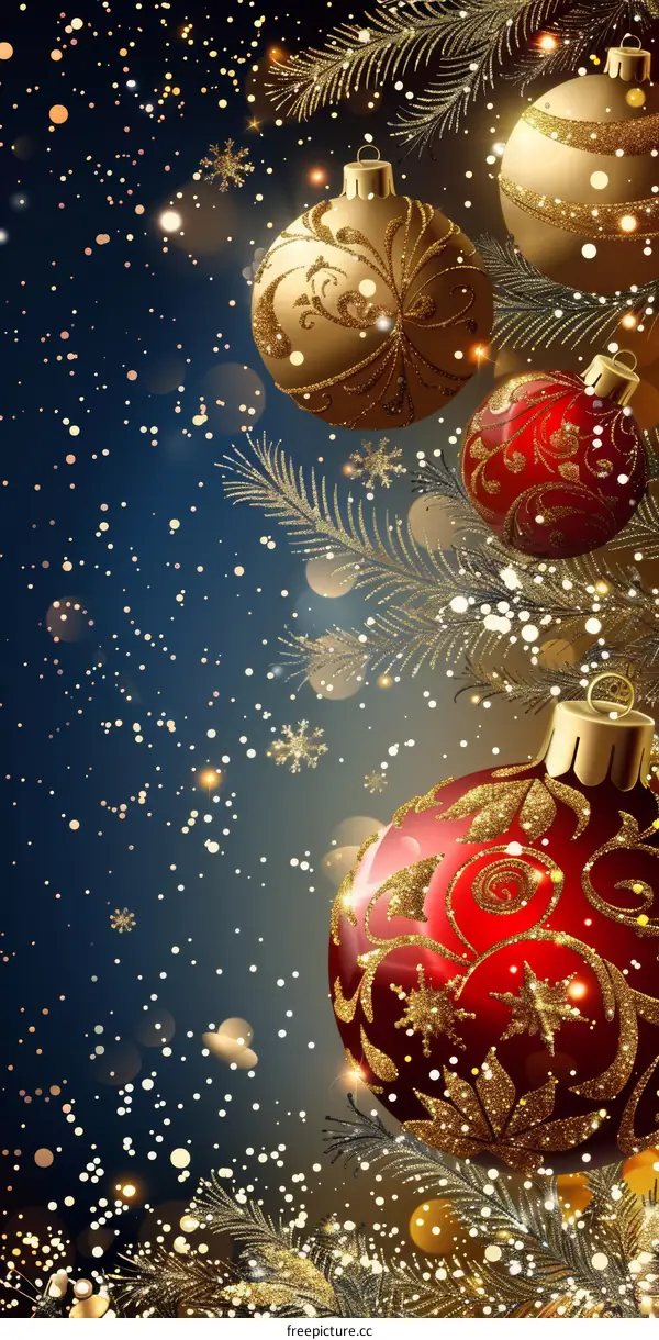 Festive Christmas Decorations with Red Balls, Ornaments, and Glow