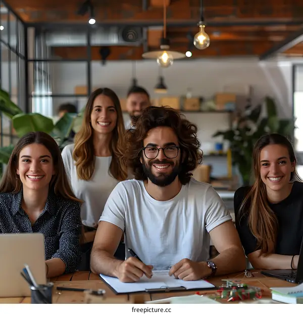 portrait of four smiling business people in a modern office