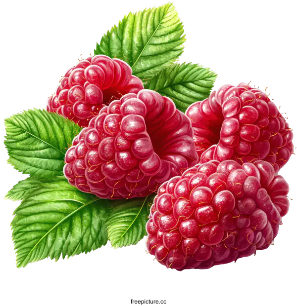 [Transparent Background PNG]Delicious Raspberries with Fresh Leaves Illustration
