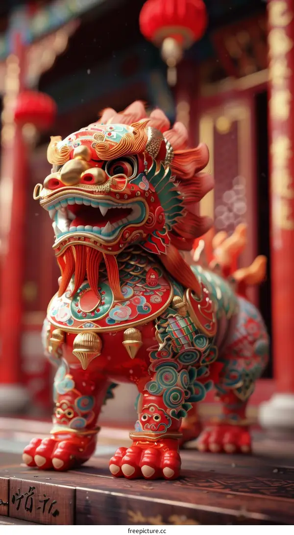 Ornate Chinese Guardian Lion Statue Decor