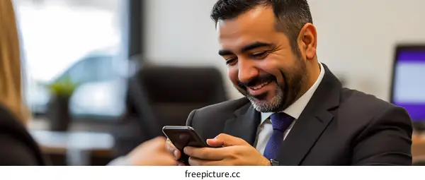 Smiling Businessman Using Smartphone In Office