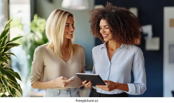 Two Women Discussing Ideas in Modern Office