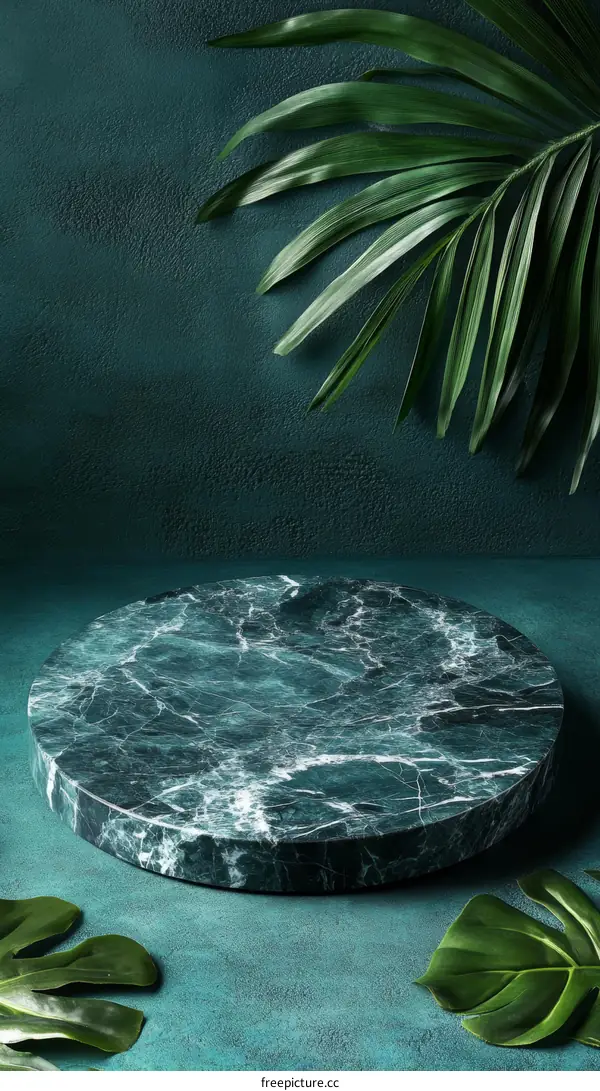 Teal Marble Platform with Tropical Leaves
