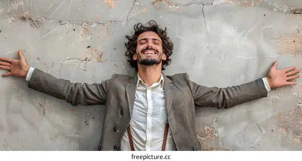 A Man Relaxing Against a Gray Concrete Wall