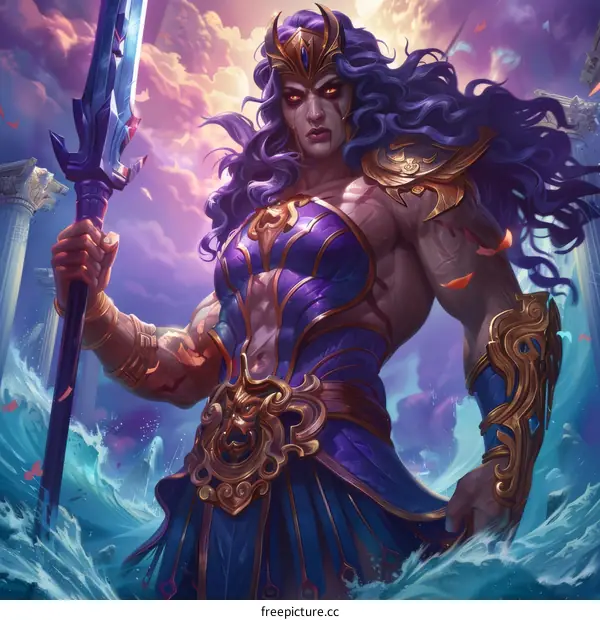Ocean Goddess with Purple Hair and Trident