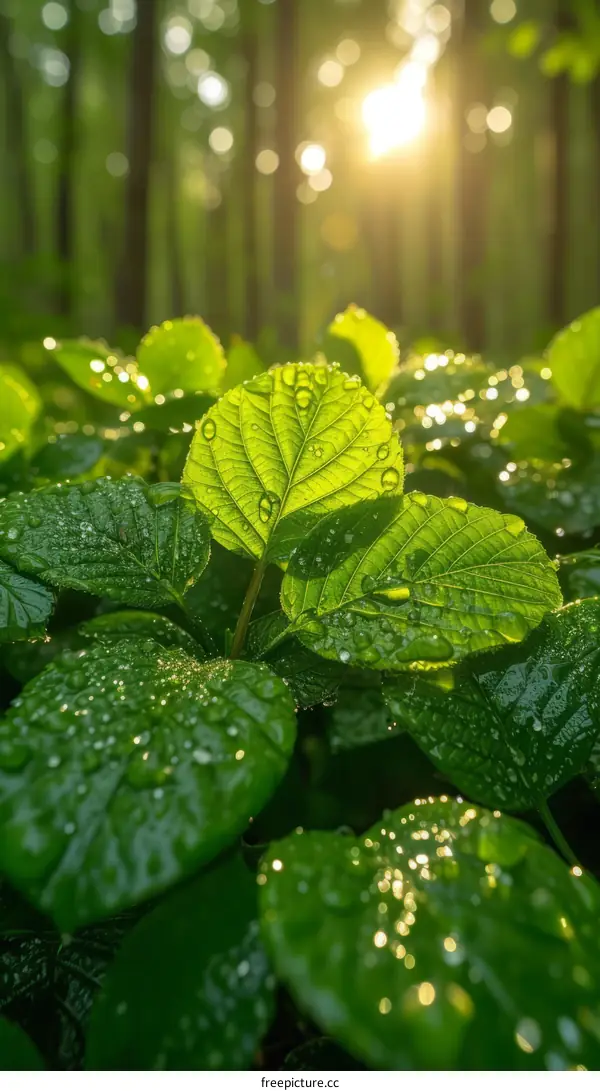 Close-up of green leaves with water droplets in the morning sunlight