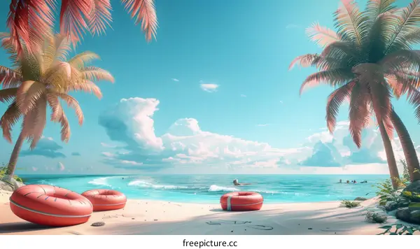 Beach with palm trees and pink inflatable rings