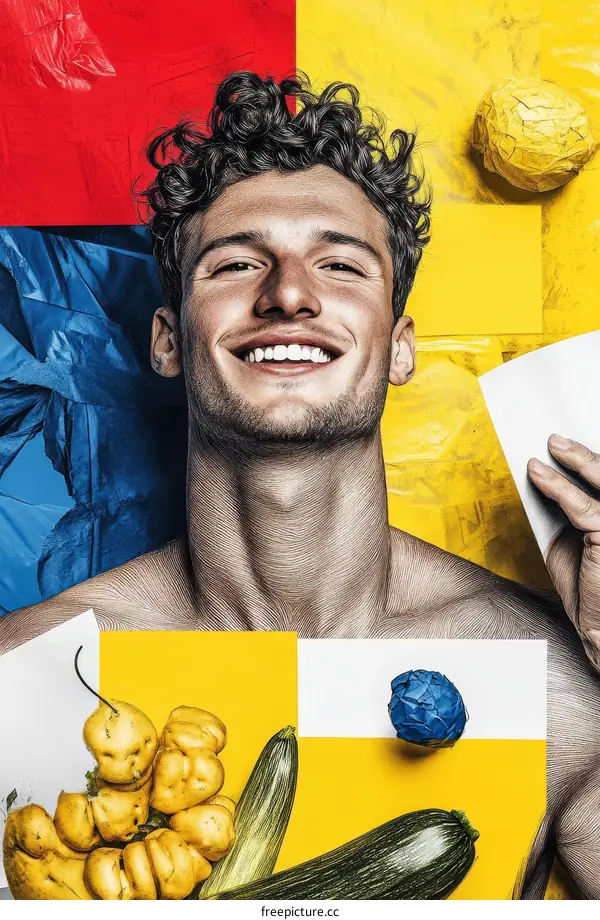 Abstract Colorful Portrait of a Smiling Man with Fruits and Vegetables