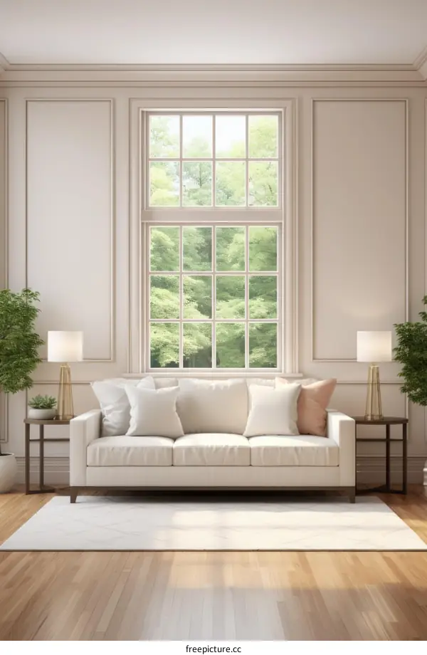 Elegant living room interior design with large windows and white sofa